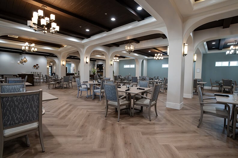 Modern Community Bar in Memory Care Community Dining Hall for Seniors in Memory Care Program in San Antonio, TX